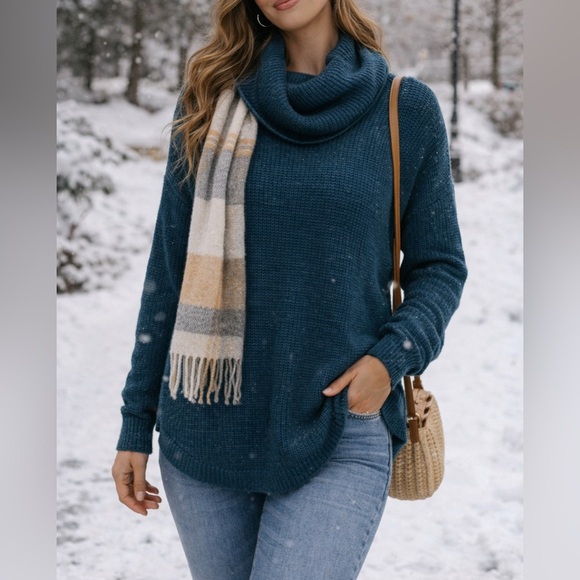 Old Navy Sweaters - Old Navy Teal Blue Textured Cowl Neck Sweater XL | Oversized Cozy Tunic Knit